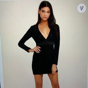 Lulus Close-Up Magic Long Sleeve Dress LBD Tuxedo Mini Satin Birthday Party
